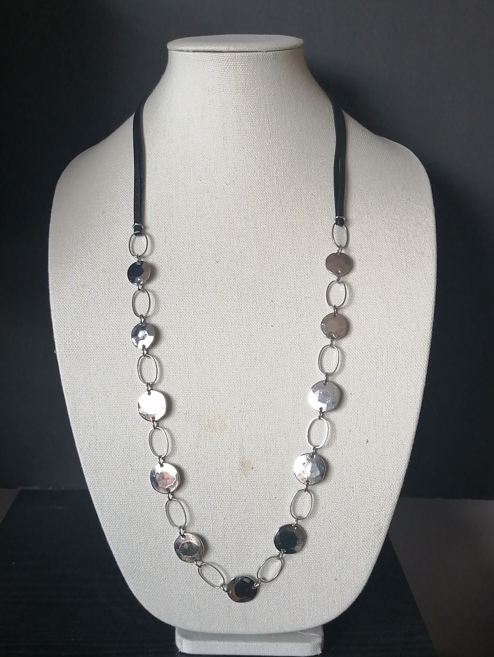Chico's Retired Silvertone Hammered Discs Simple Ring Links Black Cords Necklace